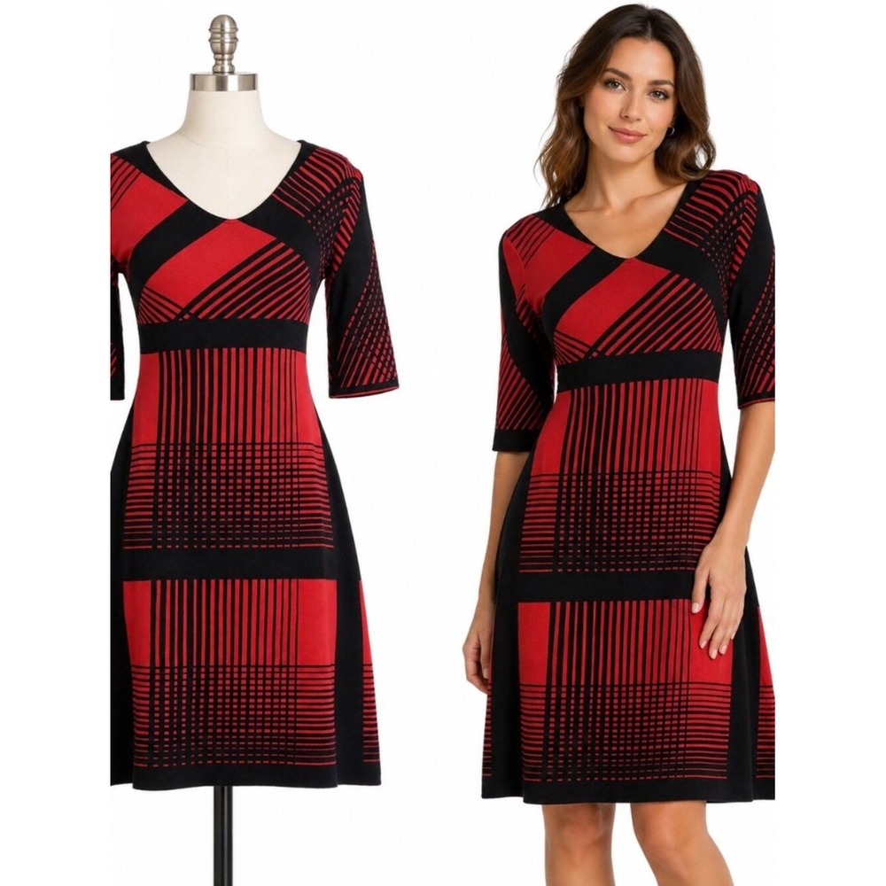 Sharon London Corsica Dress Red Black Tartan Stretch Knit Dark Academia Size S
